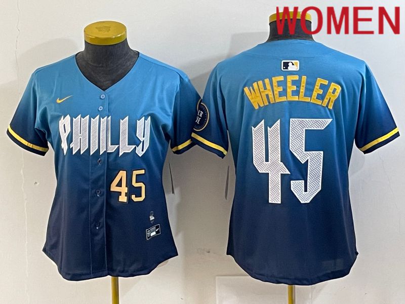 Women Philadelphia Phillies #45 Wheeler Blue City Edition Nike 2024 MLB Jersey style 3